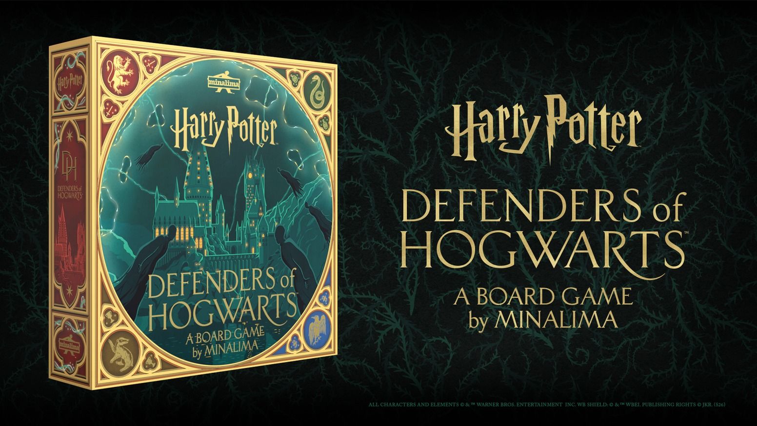The Defenders of Hogwarts game box with house cards and tokens on a parchment-style backdrop